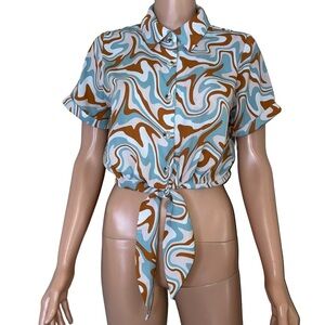 SWEET RAIN ABSTRACT FRONT TIE COLLARED BLOUSE IN WHITE & BROWN SZ SM 70's style